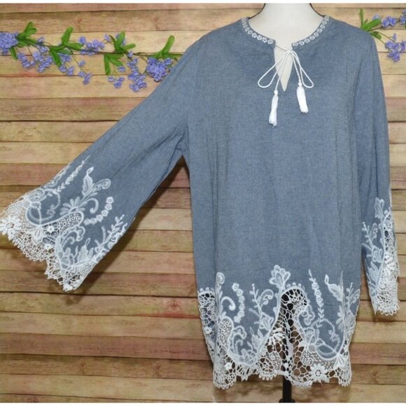 Roaman's Chambray Boho Long Bell Sleeve Pullover Lace Trim Tunic Blouse Size 22W - Picture 5 of 12